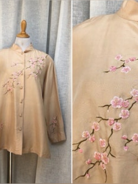 Yi lin Tops - Beige Embroidered Mandarin Button-Down Top silk